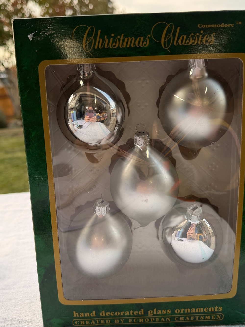 Vtg Christmas Classics Glass Christmas Bauble Ornaments Set of 5 Silver Teardrop